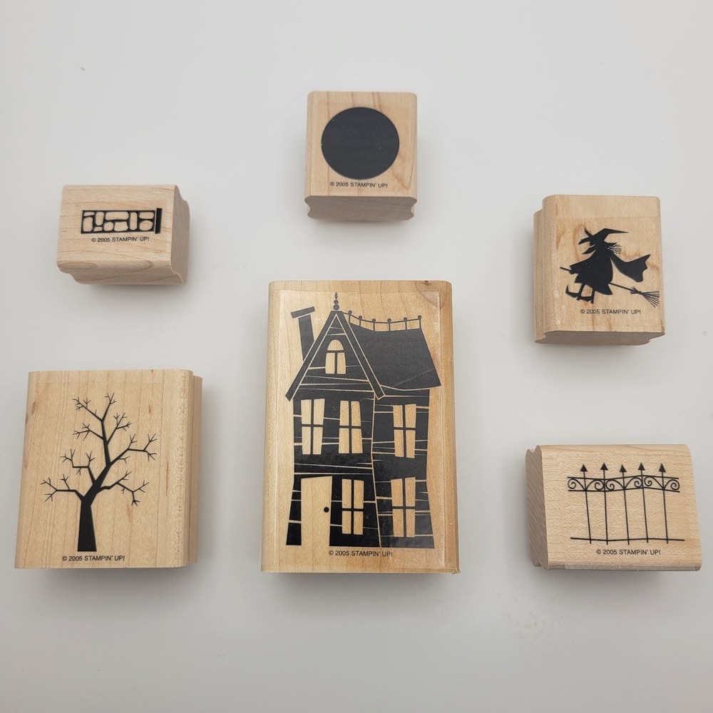 Stampin' Up! Halloween Wood Mounted Rubber Stamps Set of 6 Witch Haunted House